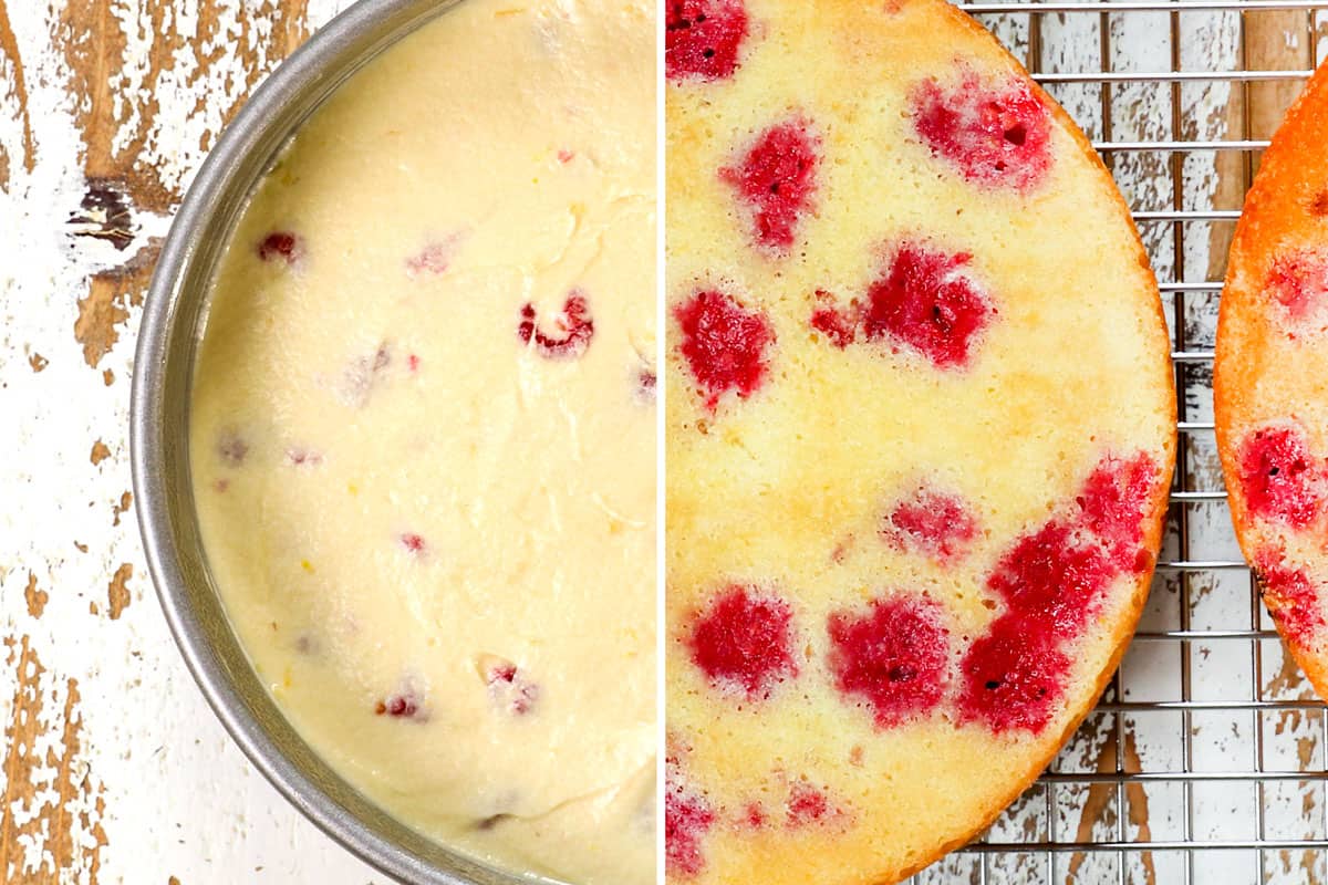 showing how to make lemon raspberry cake recipe by baking cake until tender