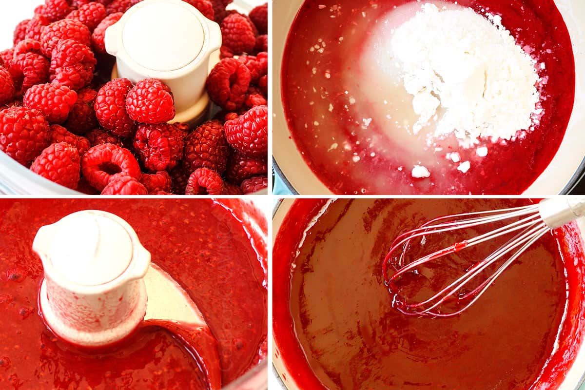 a collage showing how to make Raspberry Lemon Cake recipe by adding raspberries to a food processor, pureeing until smooth, then simmering in a sauce pan with sugar and cornstarch