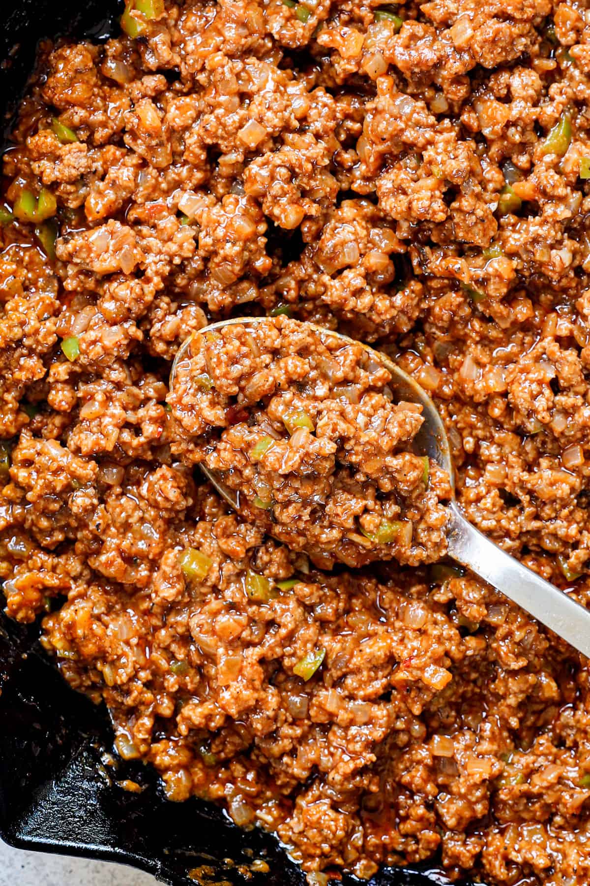 top view of Sloppy Joe filling showing how saucy it is in the skillet