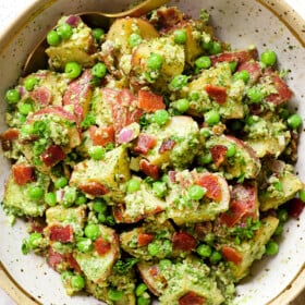 top view of serving red potato salad recipe in a bowl