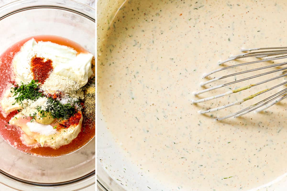 showing how to make macaroni salad by whisking the dressing ingredients together in a bowl