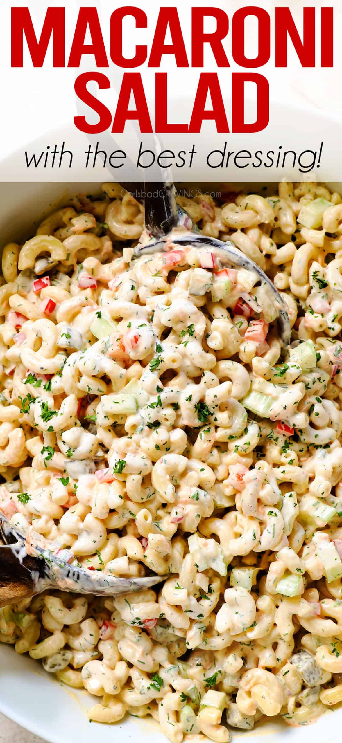 top view of macaroni salad in a serving bowl showing how creamy it is