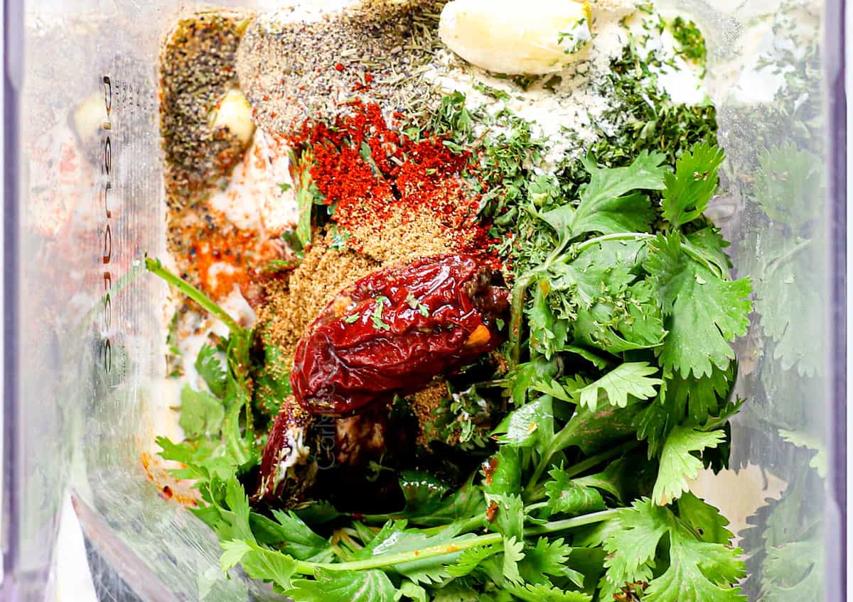 showing how to make Southwest Chicken Salad by adding dressing ingredients to a blender