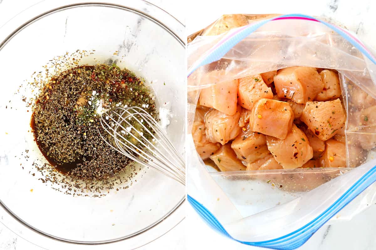 showing how to make chicken pasta salad by whisking together dressing ingredients in a bowl and adding some to chicken to marinate