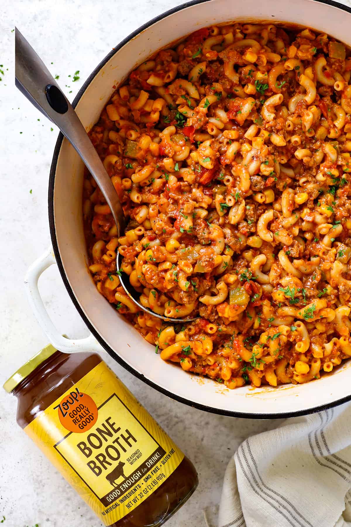 top view of goulash in a pot showing the beef broth used
