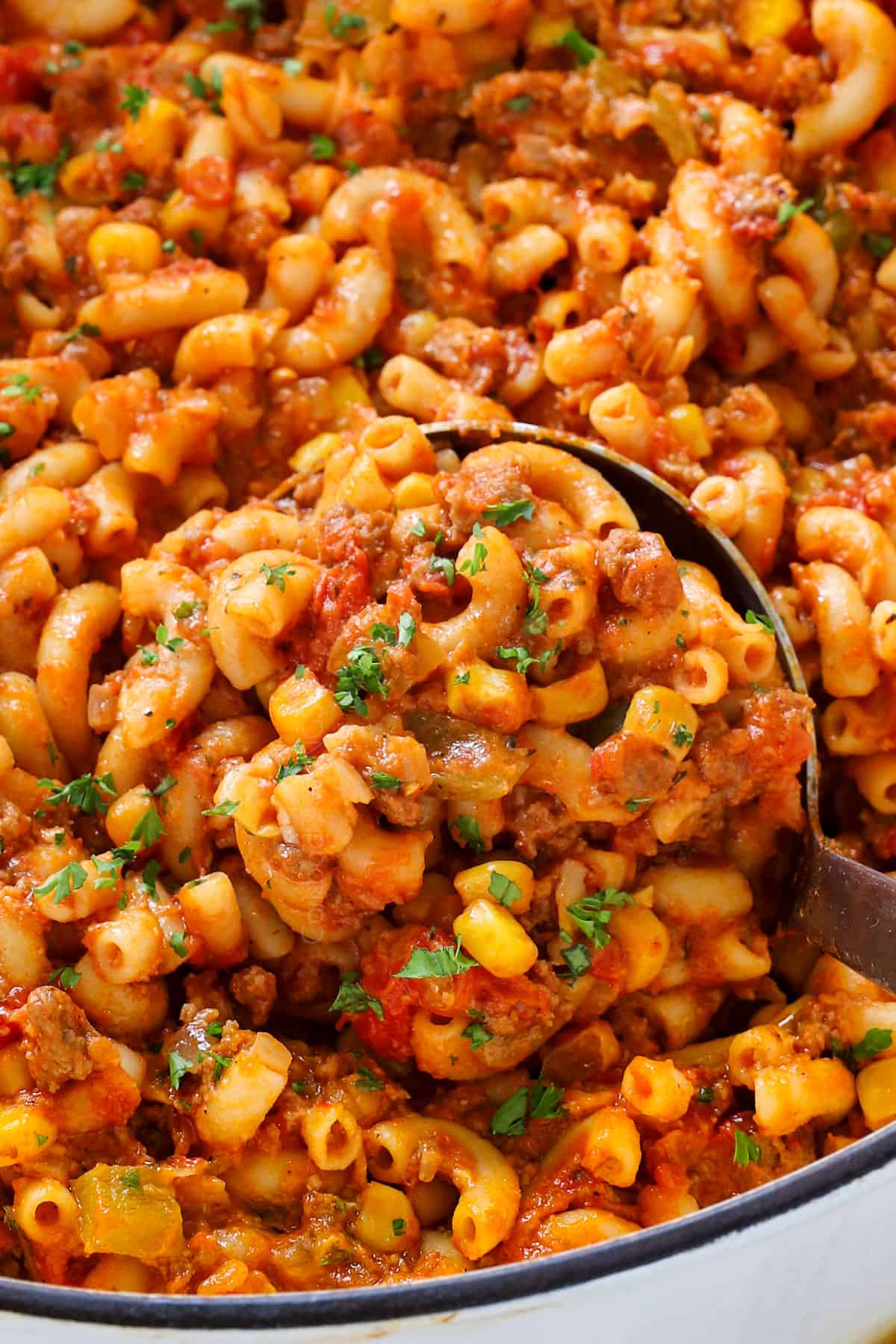 up close of serving of goulash (American Chop Suey) showing the recipe ingredients