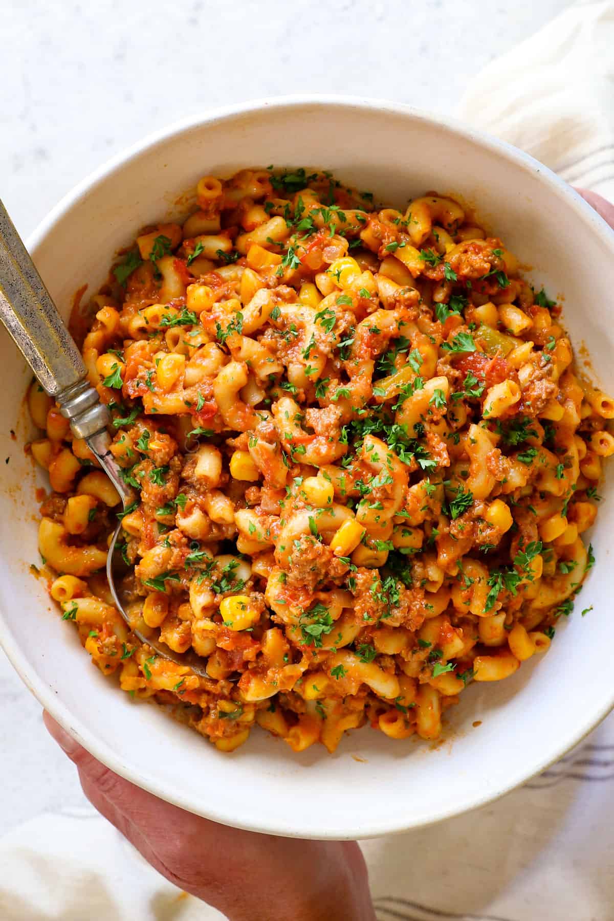 top view of serving goulash in a bowl