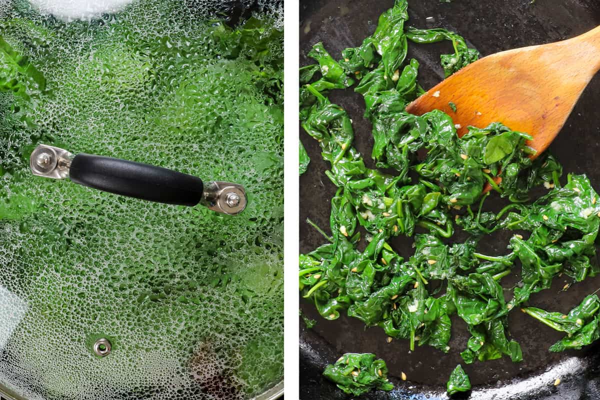 showing how to make bibimbap recipe by steaming the spinach, then sautéing with garlic