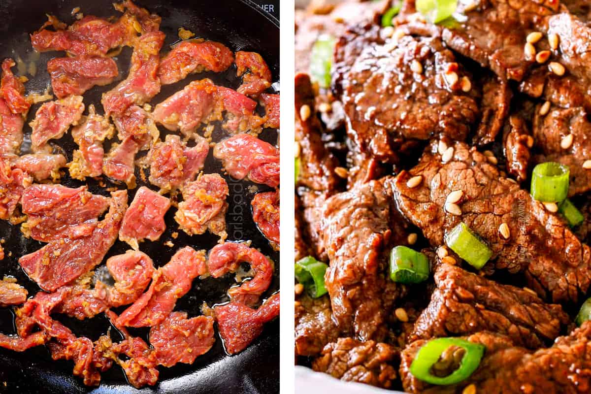 showing how to make bibimbap recipe by cooking marinated Korean beef