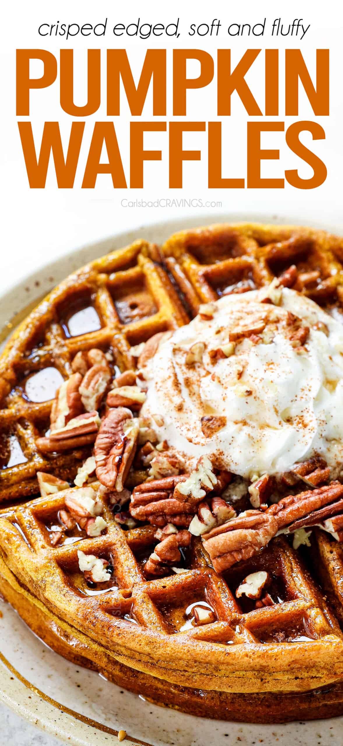 pumpkin waffles recipe topped with whipped cream