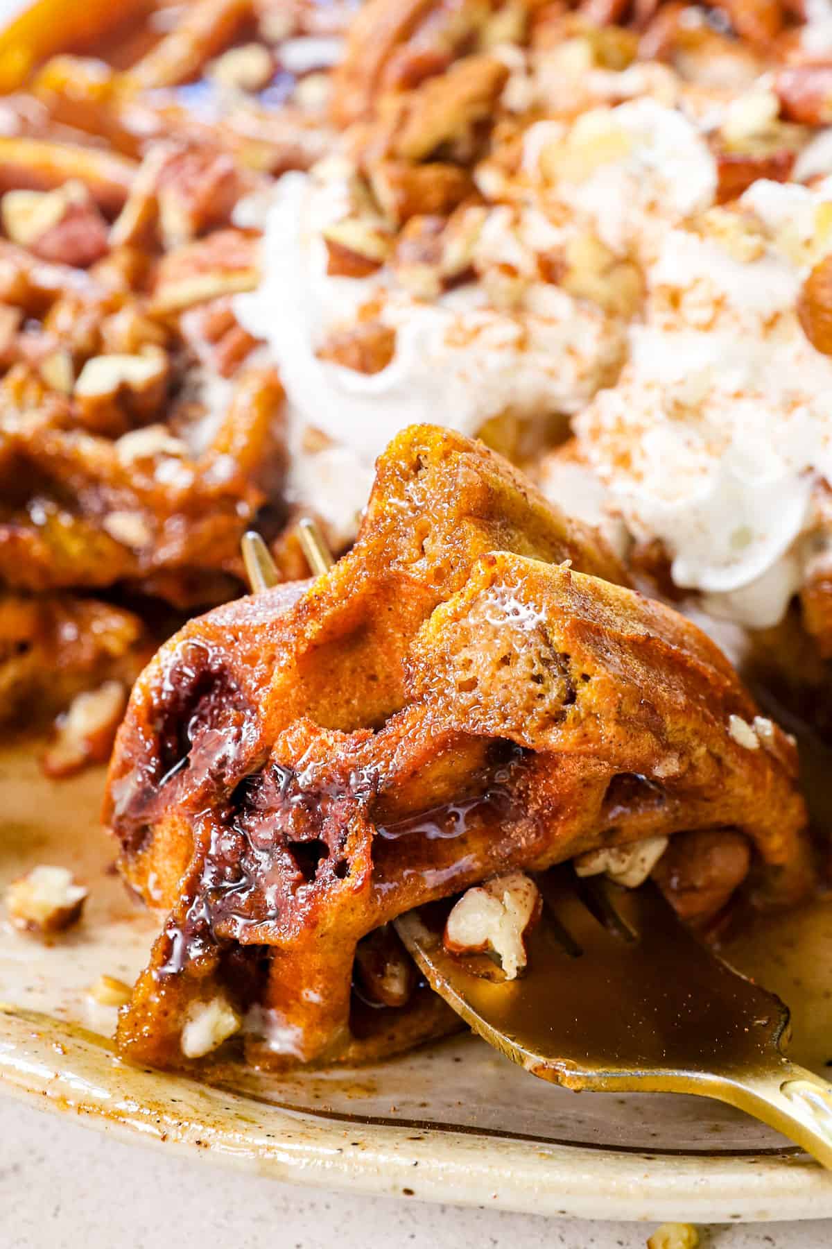 up close of a bite of easy pumpkin waffles recipe