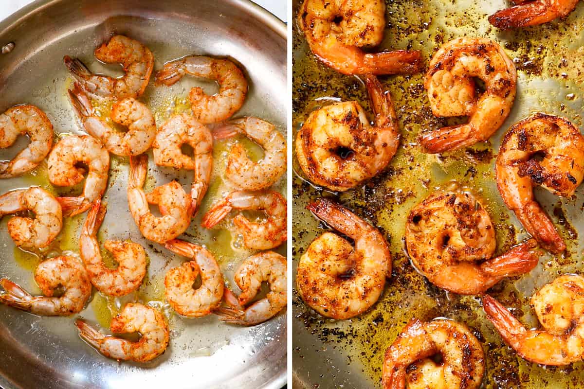Showing how to make Cajun shrimp by sautéing shrimp in butter