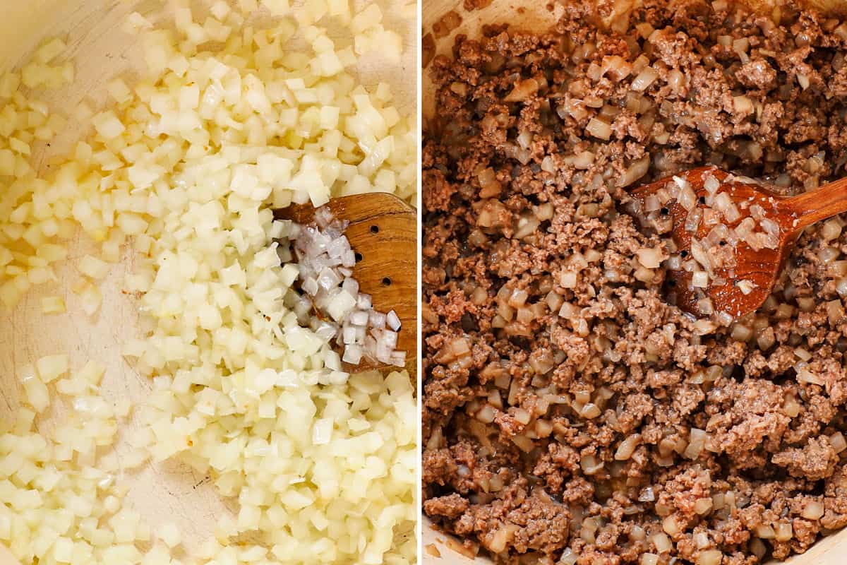 showing how to make goulash by sautéing onions, then browning the beef