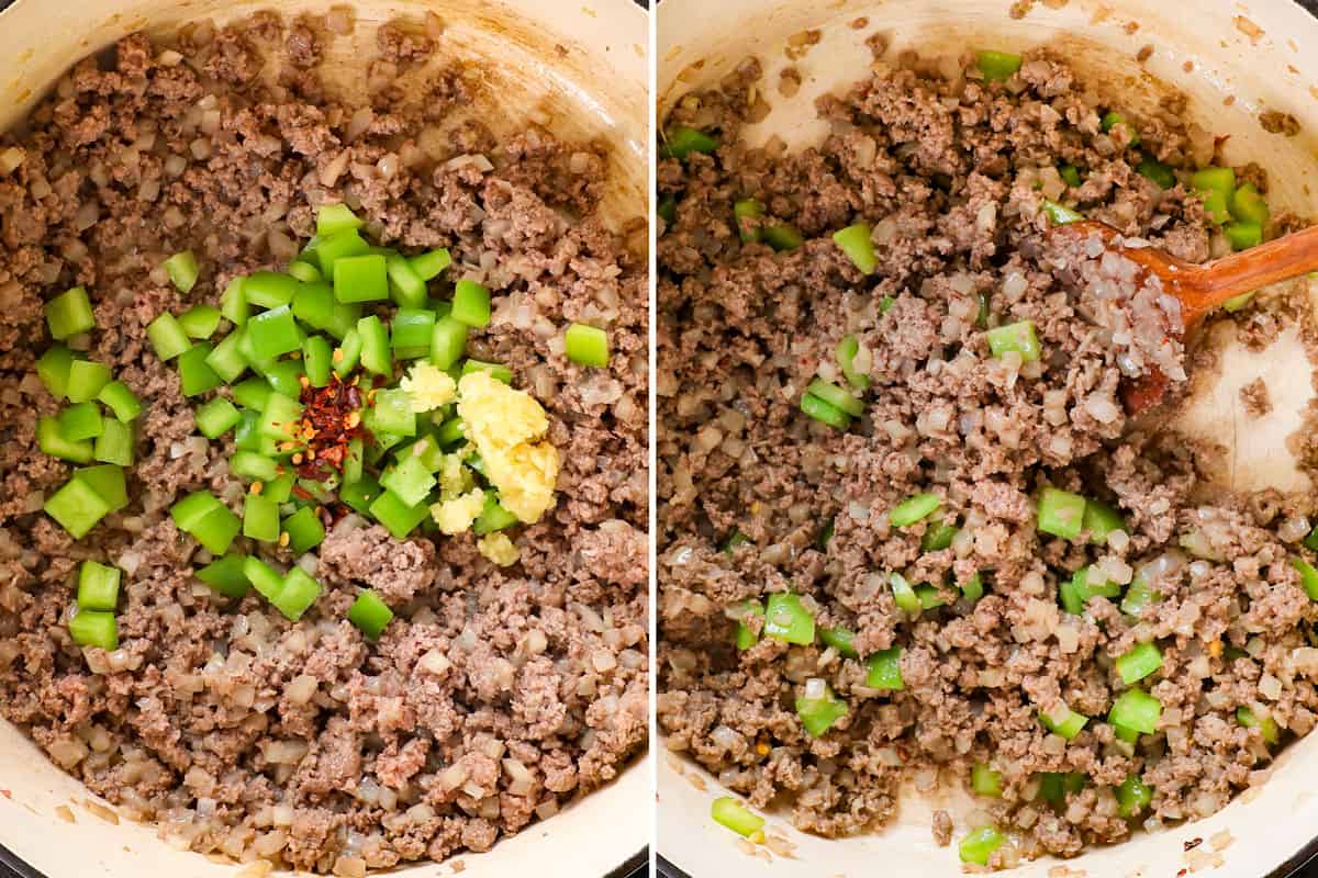 showing how to make Goulash by sautéing bell peppers, onions and red pepper flakes