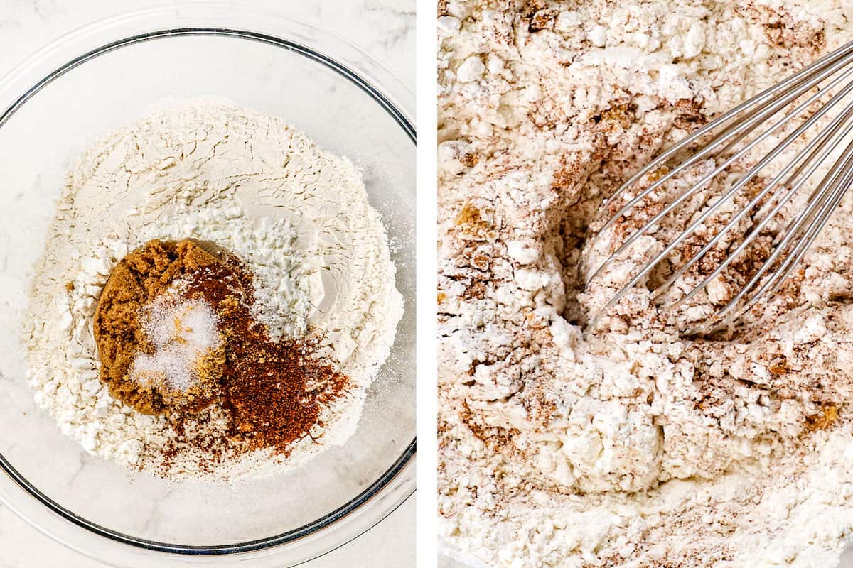 showing how to make pumpkin waffles by whisking the dry ingredients together in a bowl