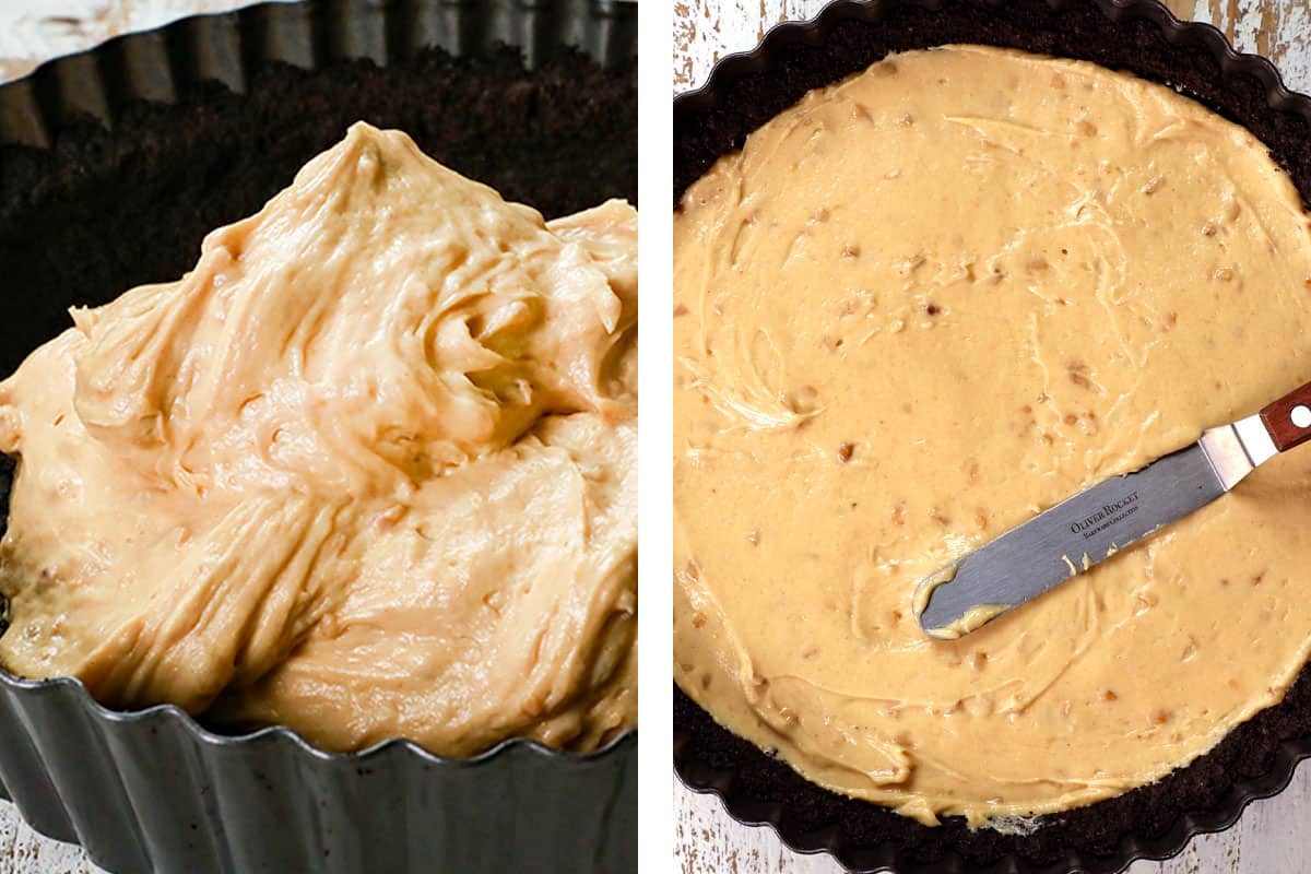 showing how to make peanut butter pie by adding to Oreo crust, then spreading into an even layer