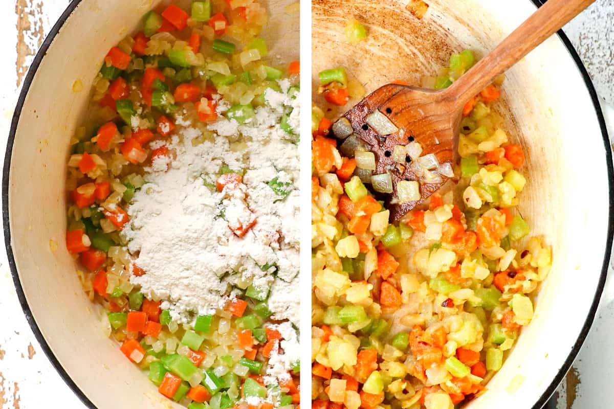 showing how to make potato soup by adding flour to create a roux