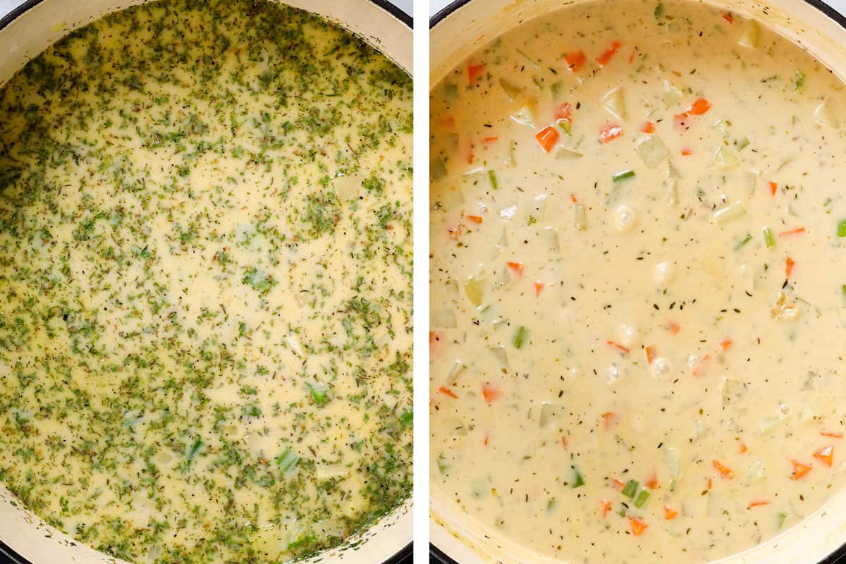 showing how to make potato soup by simmering until the potatoes are tender