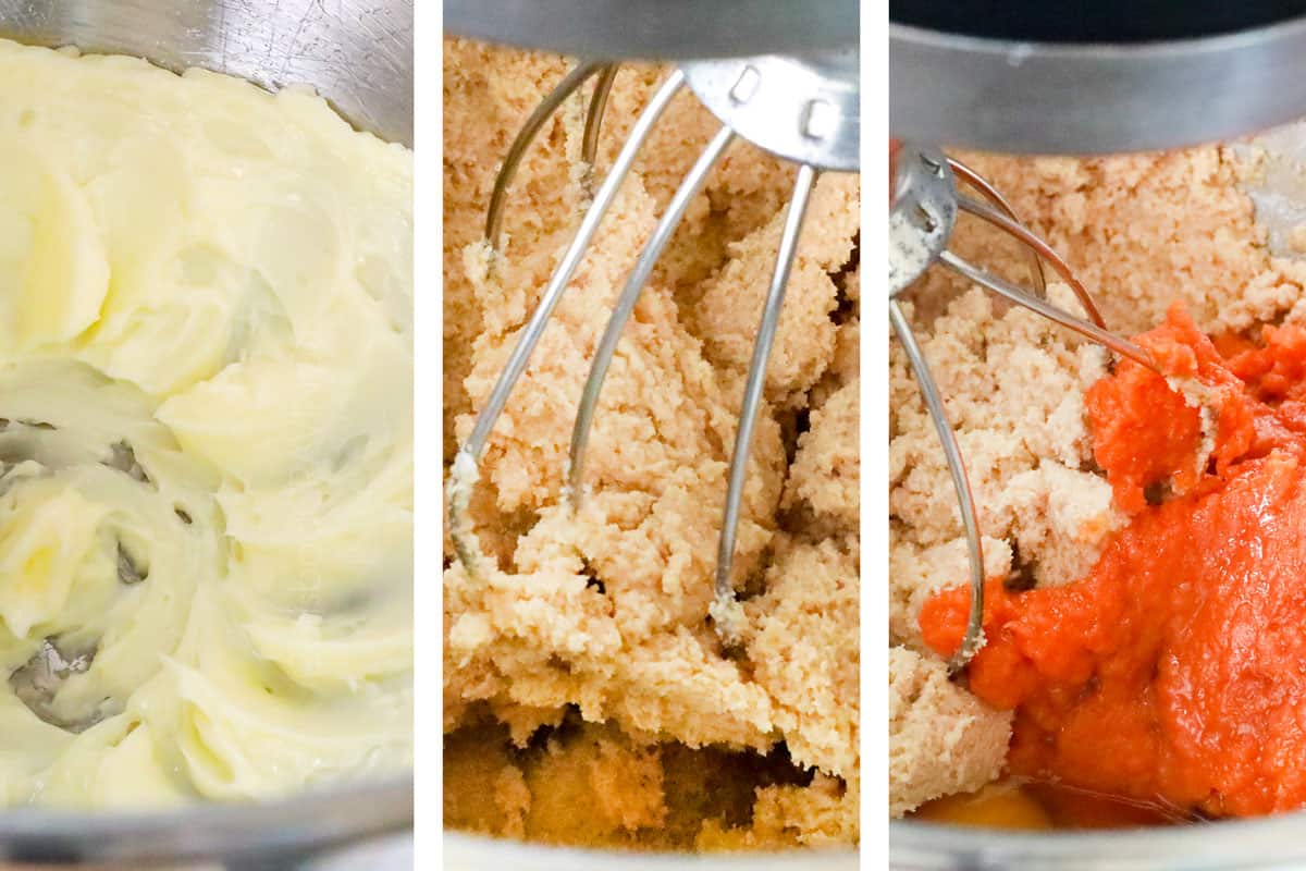 a collage showing how to make pumpkin chocolate chip cookies by beating butter, then beating in sugars, then pumpkin, egg and vanilla
