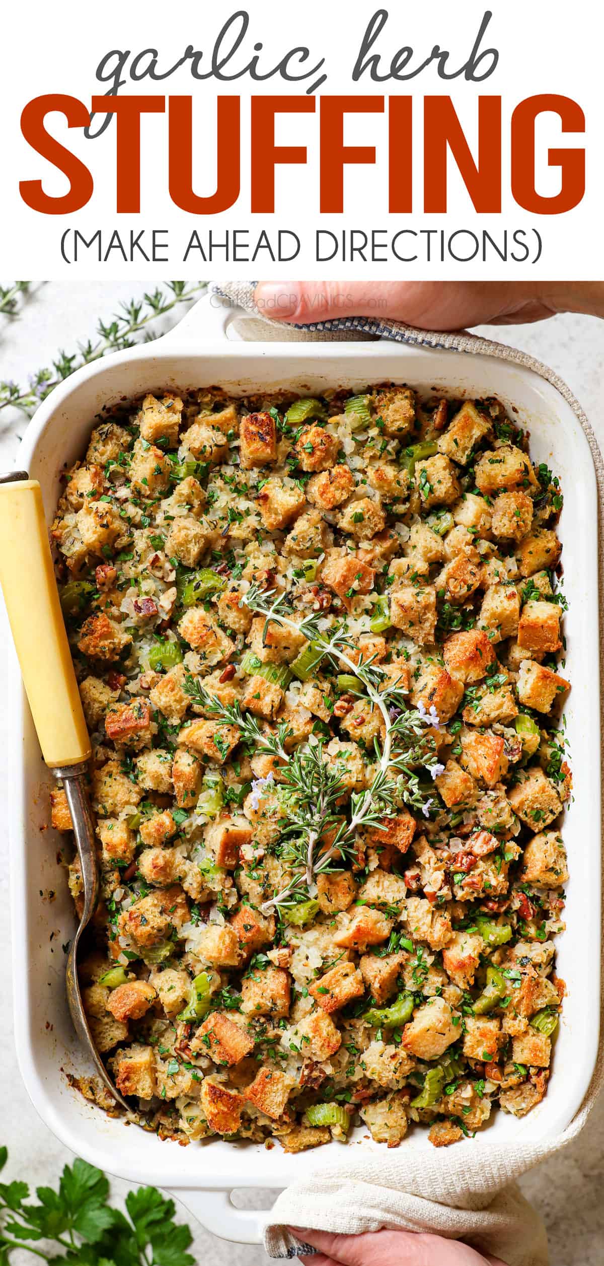 top view of stuffing recipe with bread, eggs, garlic, herbs