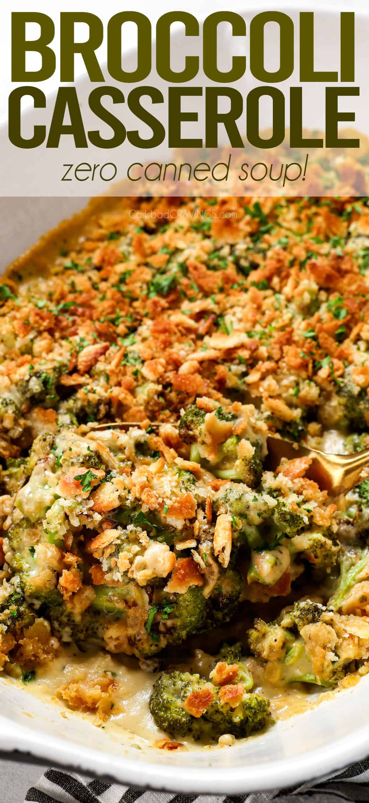 up close of broccoli casserole showing how creamy and cheesy it is