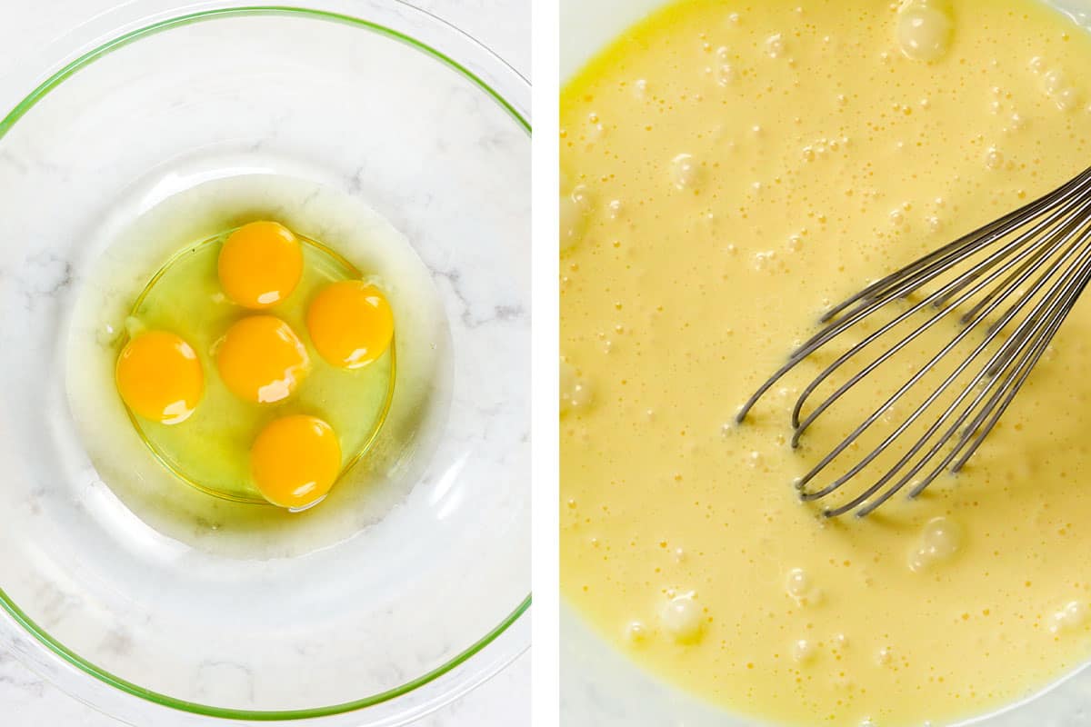 showing how to make corn pudding by whisking eggs and heavy cream together in a large bowl