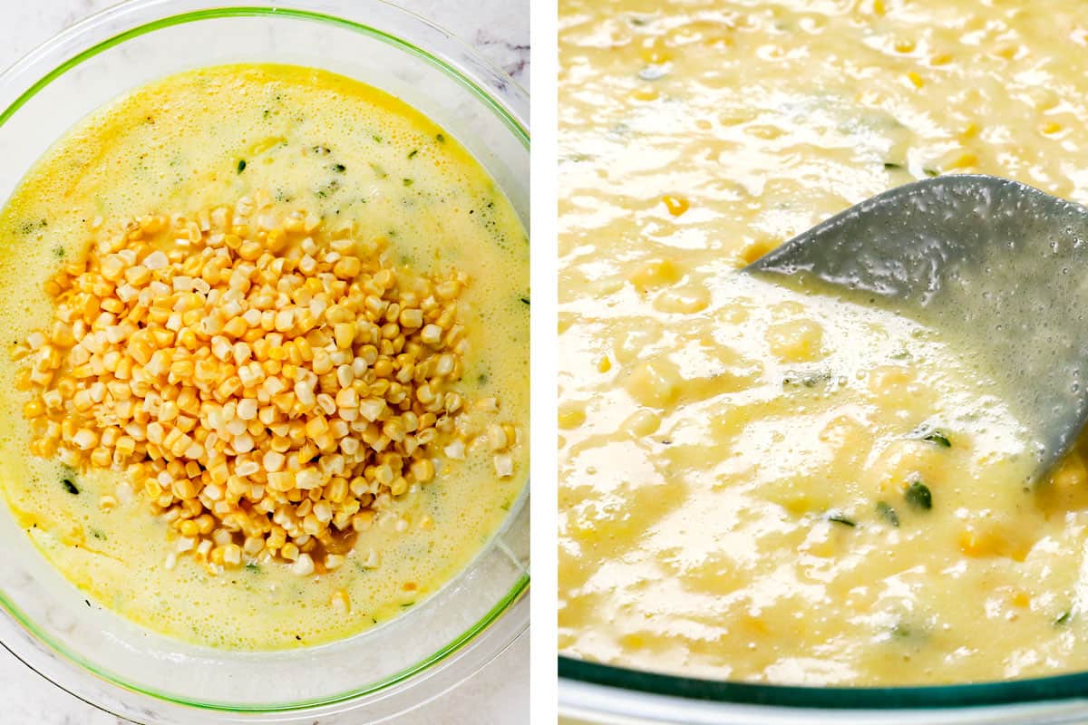 showing how to make corn pudding by whisking all the ingredients together, then stirring in the corn