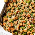 top view of turkey stuffing recipe made with bread, eggs, onions, garlic and herbs