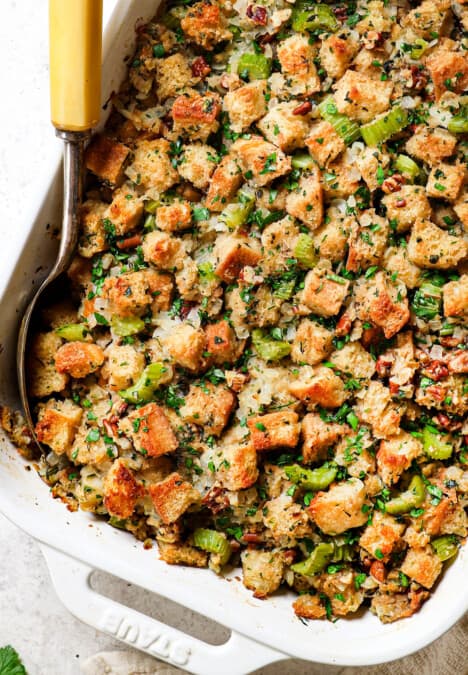 top view of turkey stuffing recipe made with bread, eggs, onions, garlic and herbs