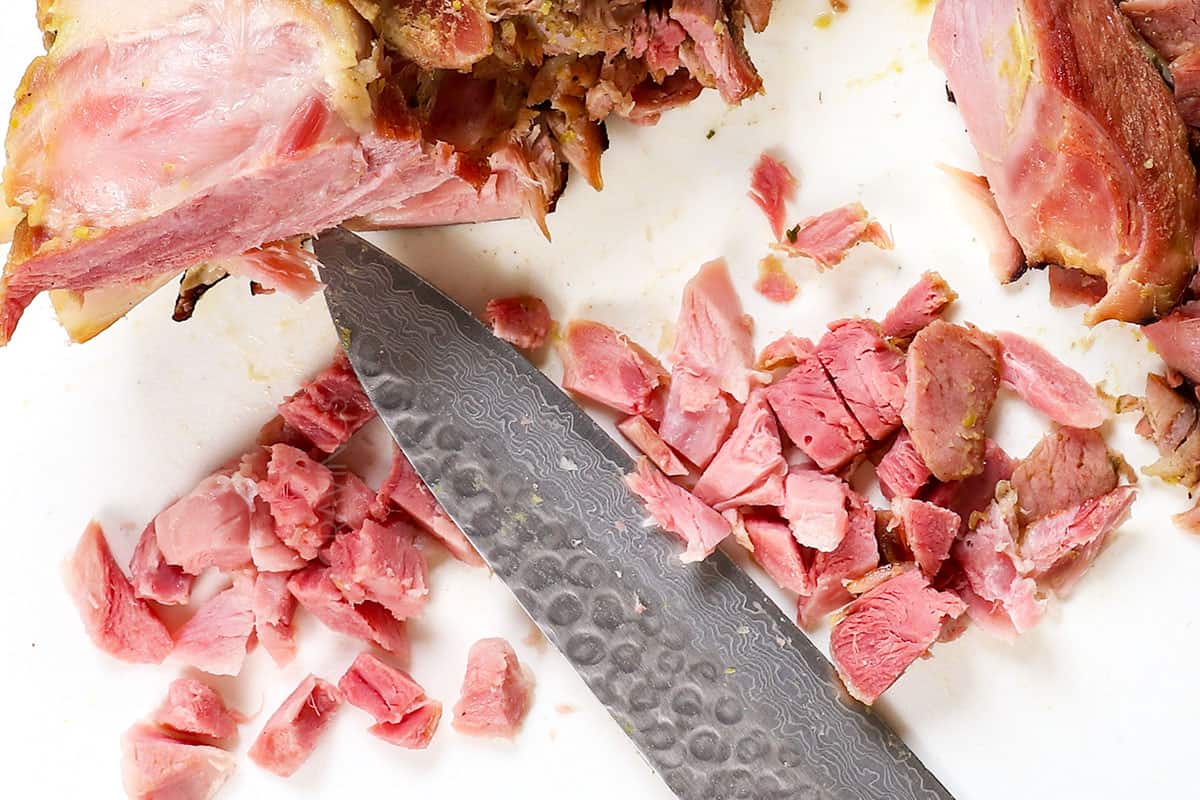 showing how to make Split Pea by chopping the ham off of the bone