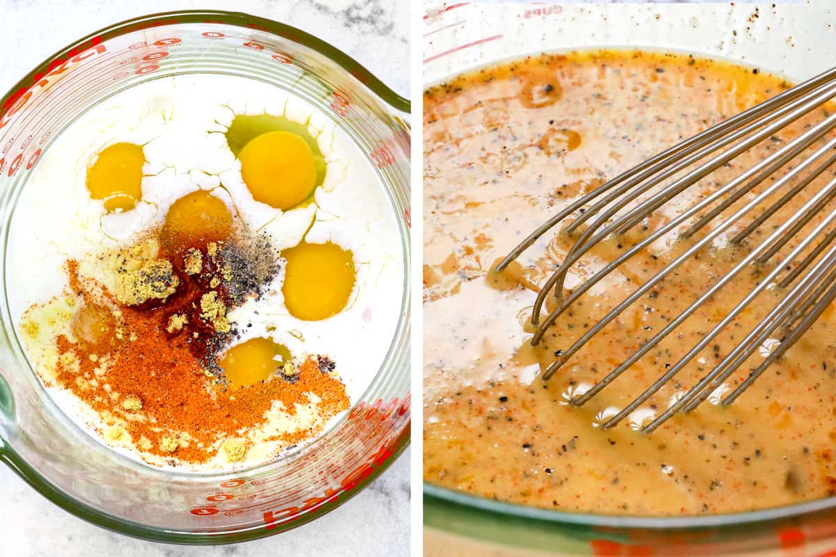 showing how to make biscuits and gravy by whisking eggs, milk and spices together in a measuring cup