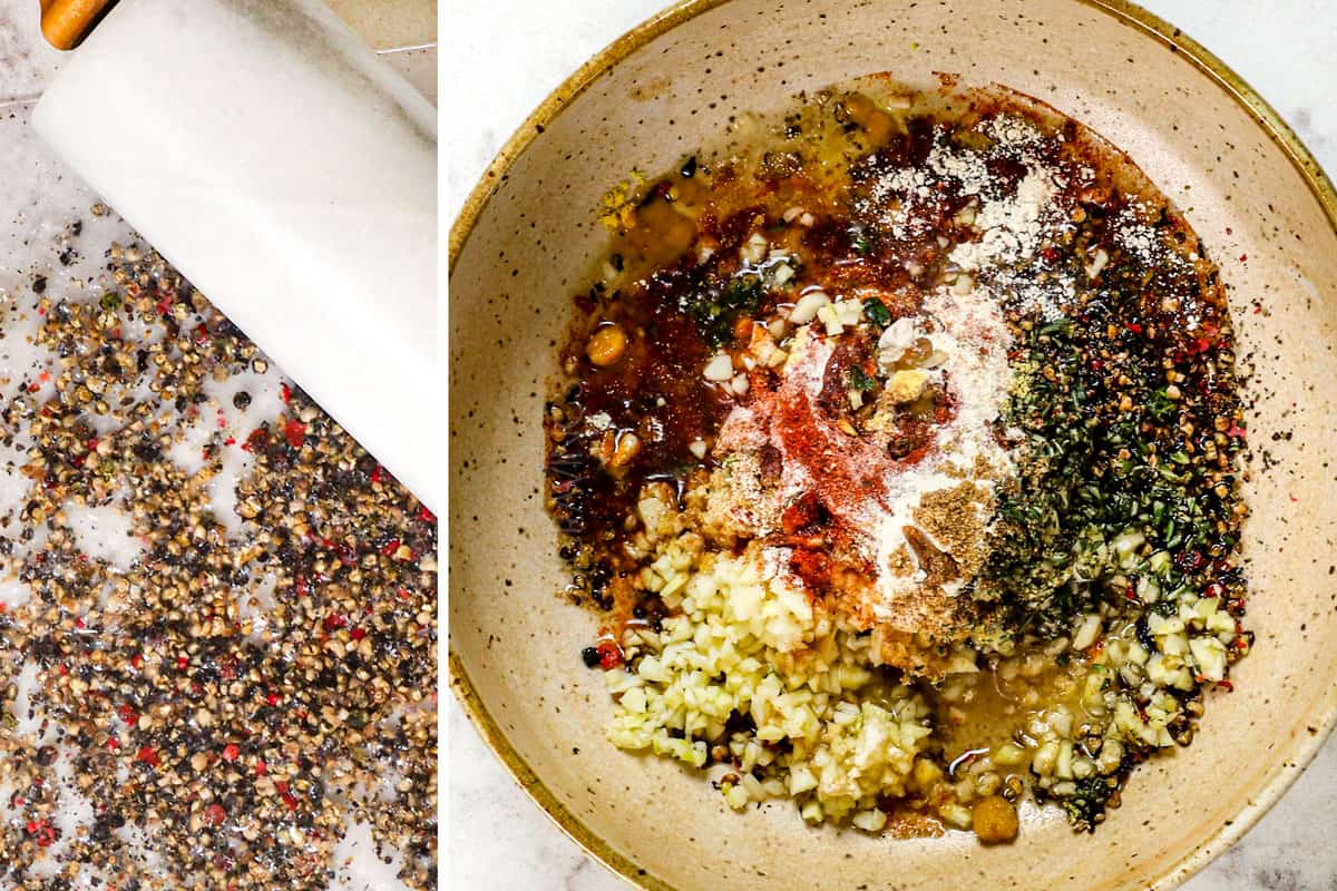 showing how to cook prime rib by crushing peppercorns with a rolling pin, then adding to a bowl with garlic, rosemary, thyme and spices