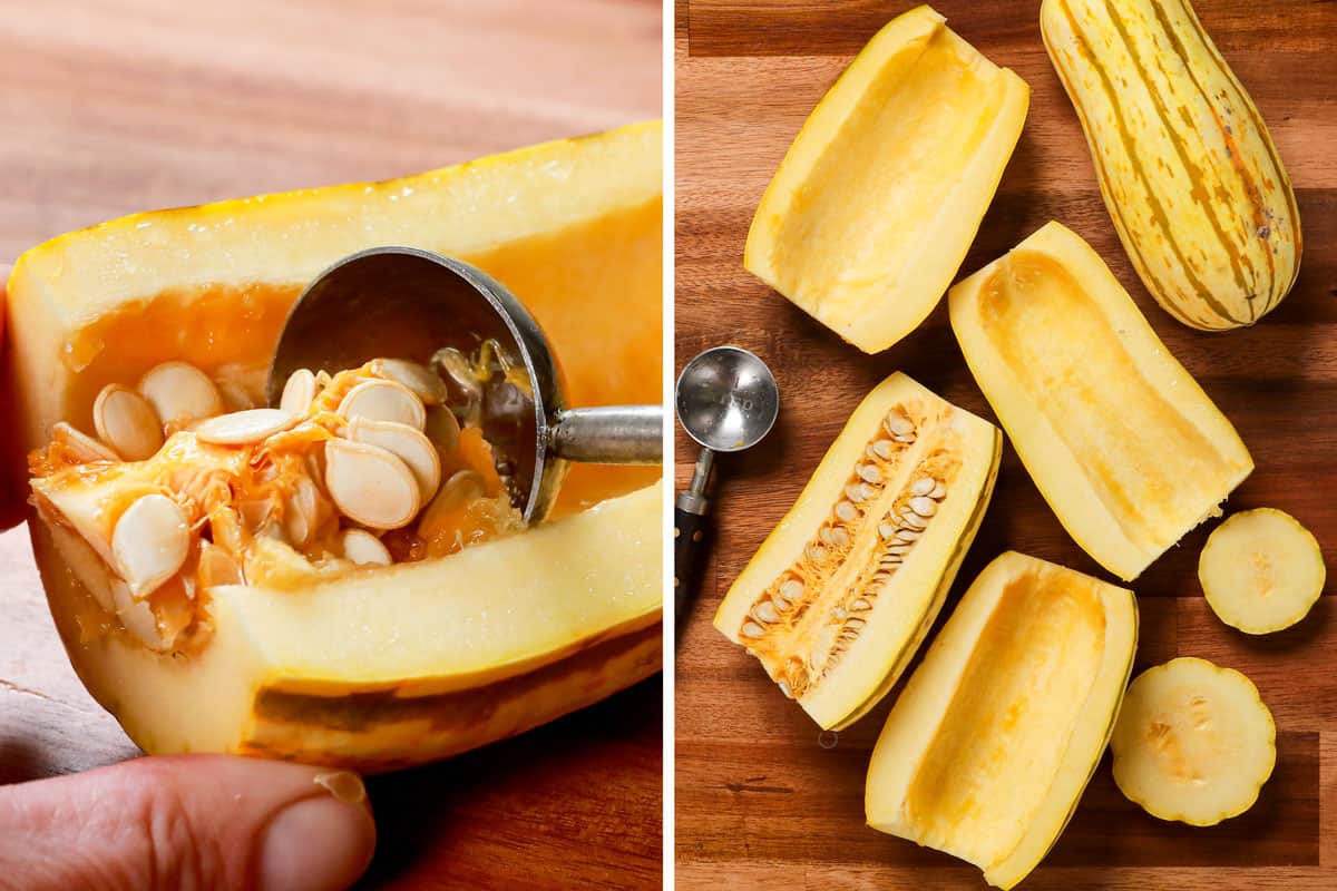 showing how to make winter salad by removing seeds from delicata squash