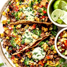 top view of serving carnitas taco recipe on a plate