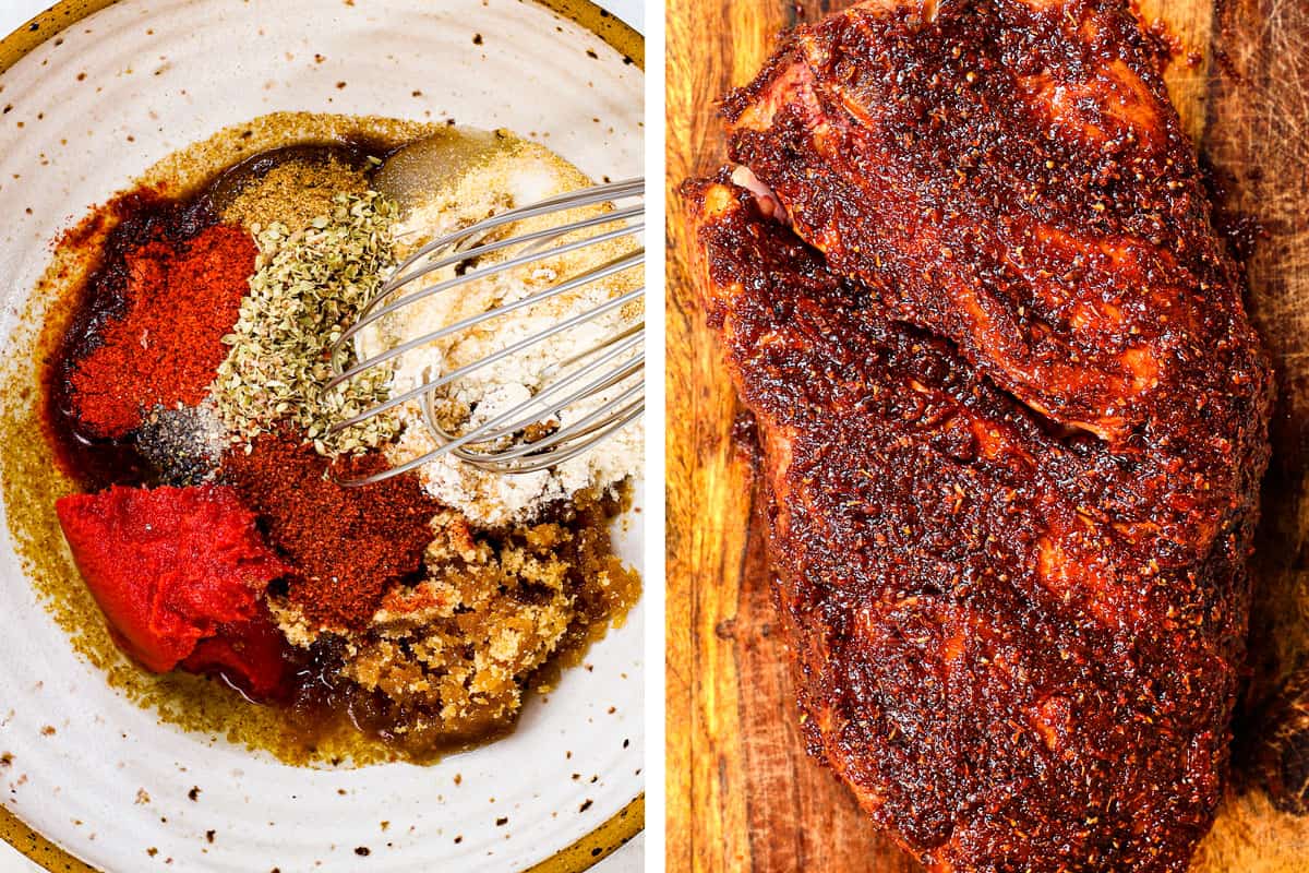 a collage showing how to make carnitas tacos by whisking together a spice rub and rubbing it all over the pork butt