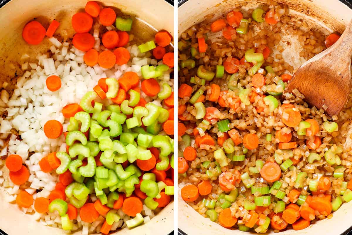 showing how to make chicken vegetable soup by sautéing onions, celery and carrots