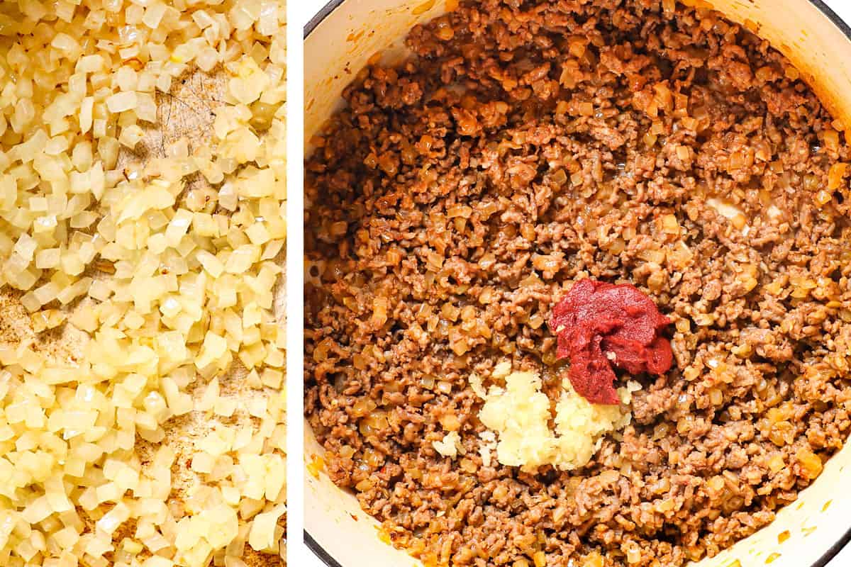 showing how to make lasagna roll ups by sautéing onions, then browning sausage