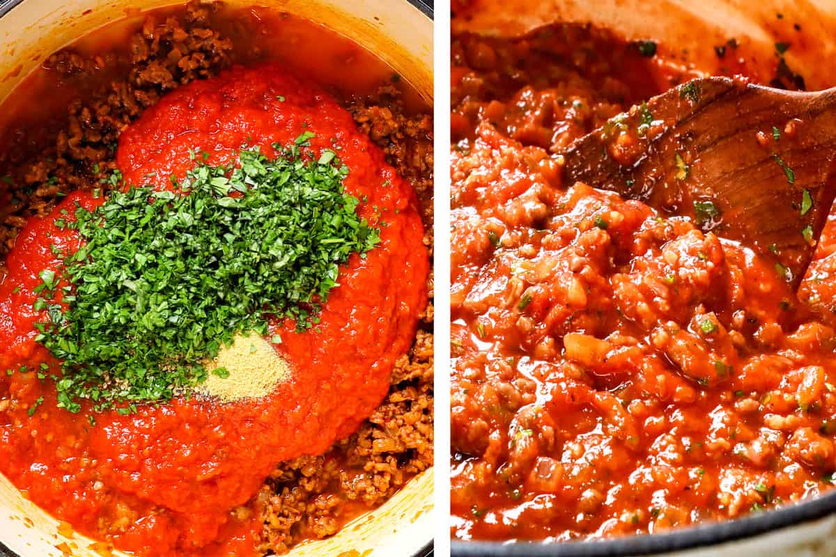 a collage showing how to make lasagna roll ups by adding marinara, herbs and spices to the sausage, then simmering until thickened for 10 minutes