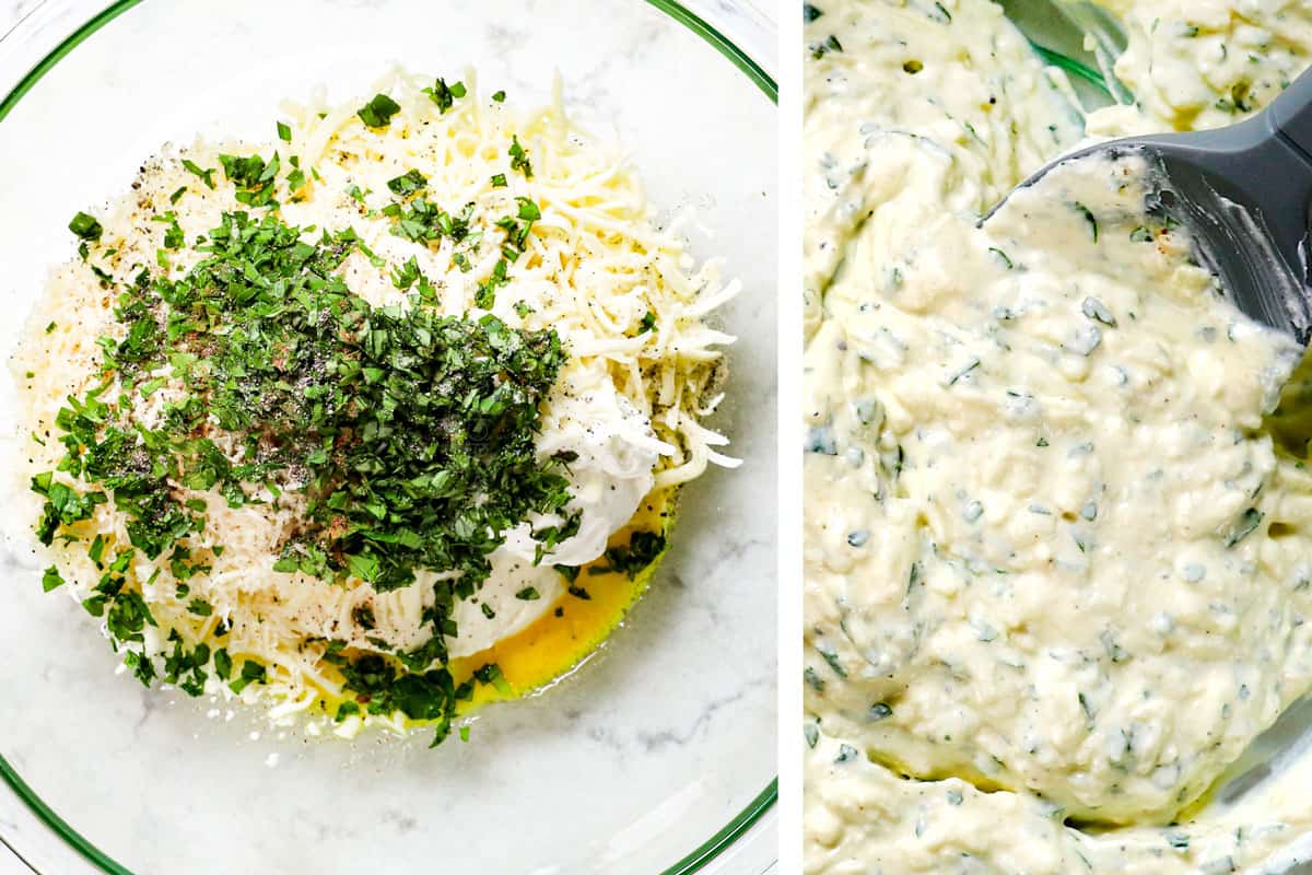 a collage showing how to make lasagna lasagna roll ups by adding ricotta, mozzarella, Parmesan, egg and basil to a bowl to make cheese filling, then stirring to combine