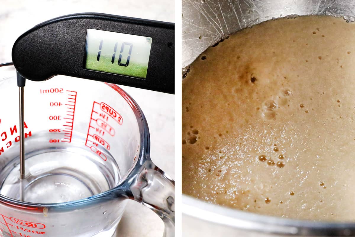 showing how to make beignets by using a thermometer to test water, then proof yeast in a bowl until foamy