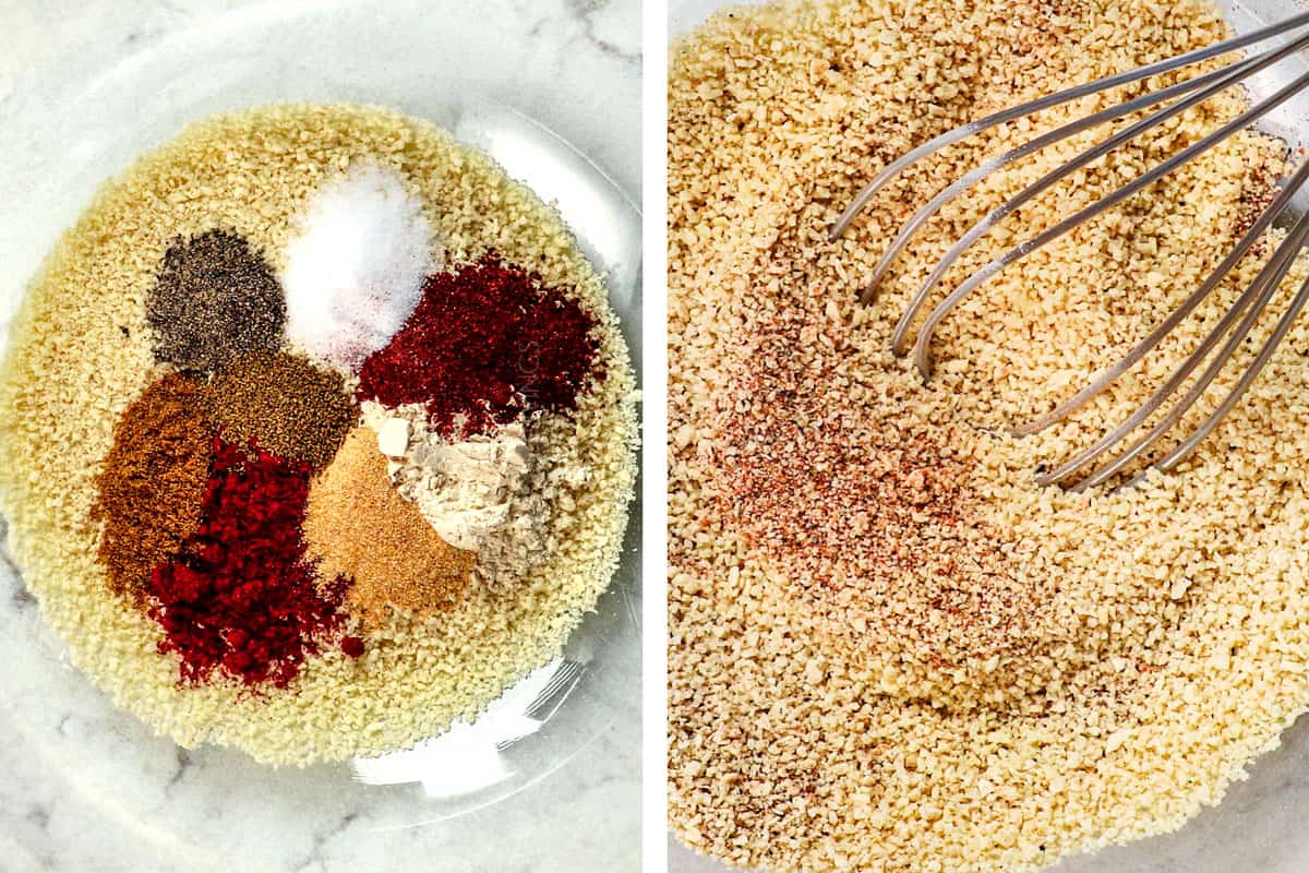 a collage showing how to make cauliflower buffalo wings by whisking panko breadcrumbs and spices together to make breading