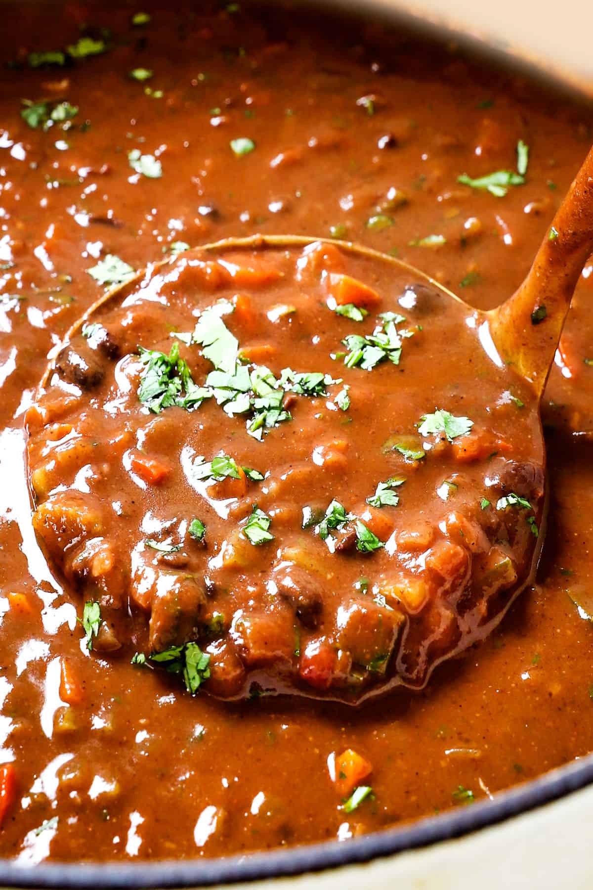 a ladle serving easy black bean soup showing how creamy it is