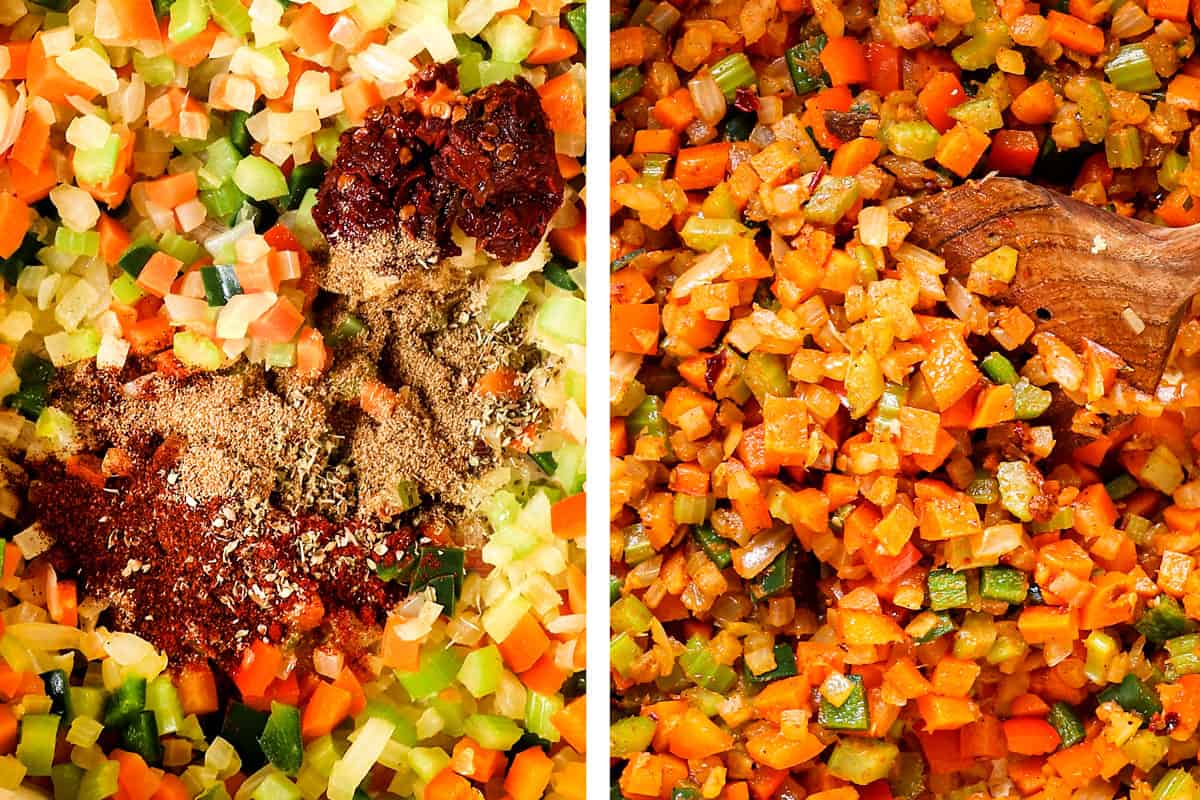 a collage showing how to make black bean soup by adding spices, then blooming them by sautéing in oil
