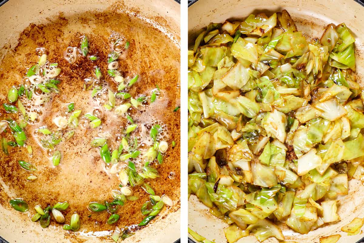showing how to make colcannon by sautéing green onions, then adding cabbage and garlic to cook