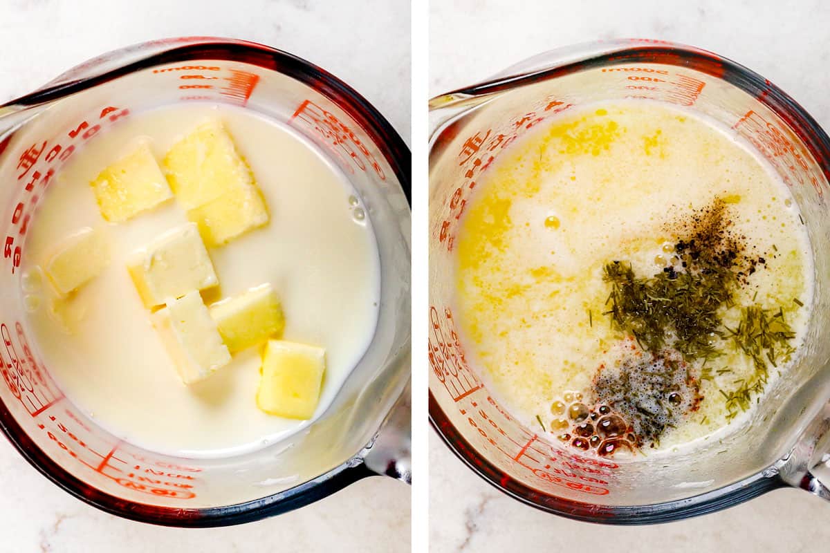 showing how to make colcannon by melting butter in half and half, then adding spices
