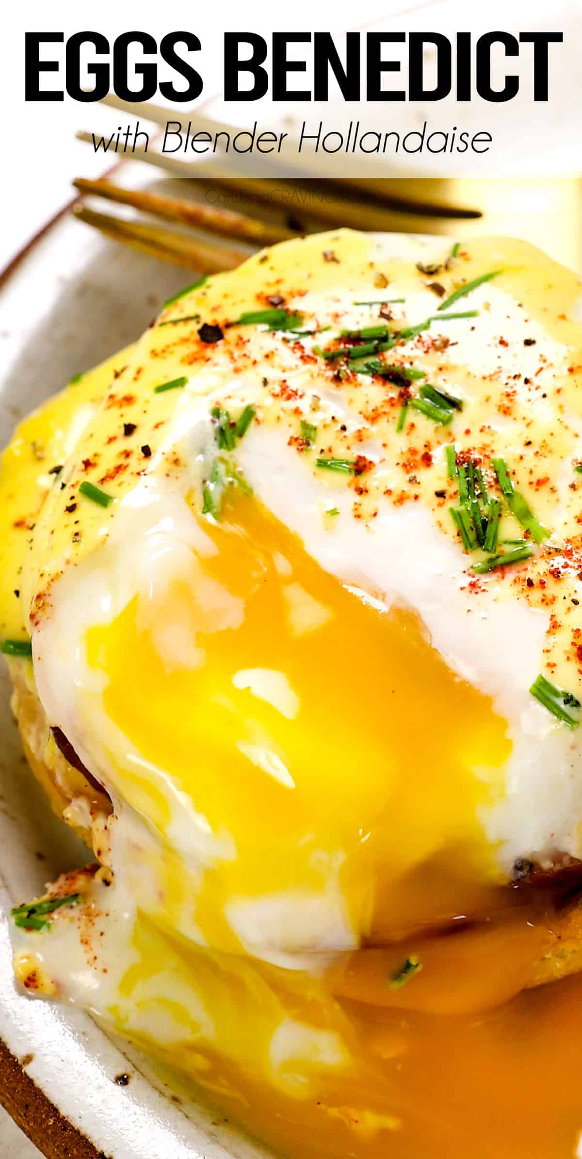 up close of Eggs Benedict with a runny yolk