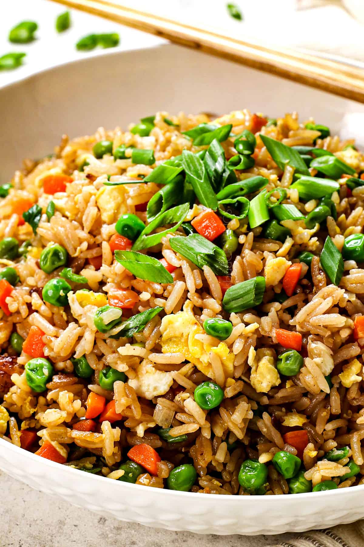 up close of fried rice in a bowl showing the distinct texture of the rice