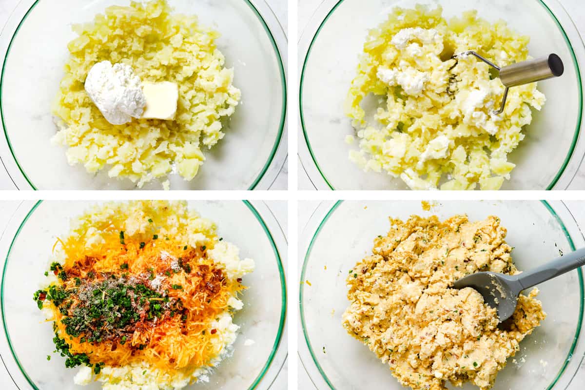 a collage showing how to make pierogi recipe by mashing potatoes with cheese, then stirring in cheese, bacon and green onions to make pierogi filling