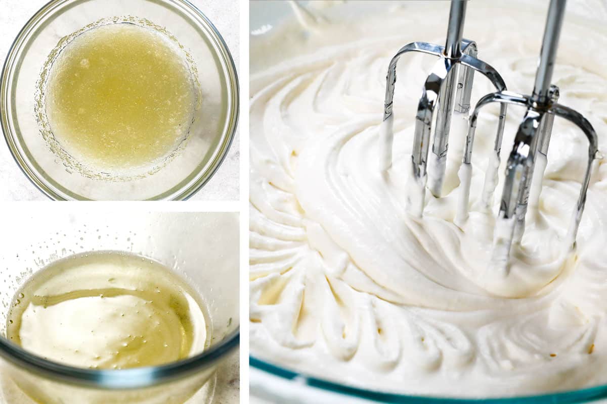 showing how to make berry Chantilly cake by making homemade whipped creamy by whipping cream, sugar and gelatin