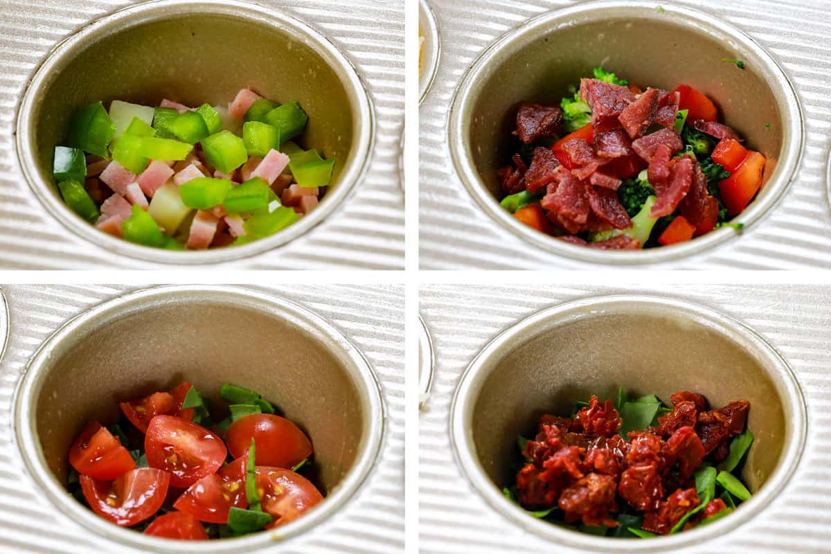 showing how to make egg muffins by adding vegetables and meat to muffin tin